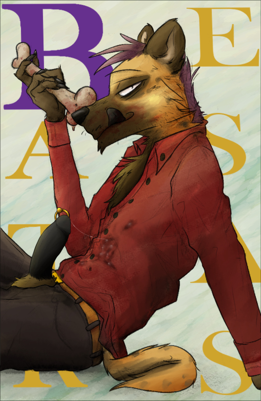 anthro beastars black_genitalia blood bodily_fluids bone clothed clothing collared_shirt cum cum_drip cum_on_body cum_on_clothing dripping genital_fluids genital_piercing genitals hair hi_res humanoid_genitalia hyena male mammal penis penis_piercing peperott piercing prince_albert_piercing purple_hair rico_(peperott) solo tongue tongue_out