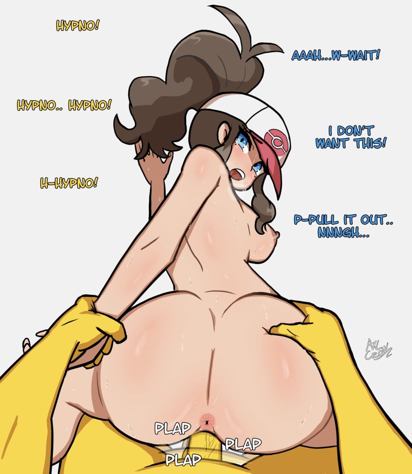 1boy 1girls anus areolae arm_grab ass ass_grab axlcrow1 blue_eyes breasts brown_hair cap dat_ass dialogue english_text female female_focus from_behind from_behind_position generation_1_pokemon hi_res hilda_(pokemon) human hypno interspecies long_hair looking_at_viewer looking_back looking_back_at_viewer male male_pov nintendo nipple nude nude_female penetration penis pleasure_face pokemon pokemon_(species) pokemon_dppt pokephilia ponytail pov pov_eye_contact prison_guard_position rape sideboob simple_background steamy_breath vaginal_penetration white_background yellow_skin