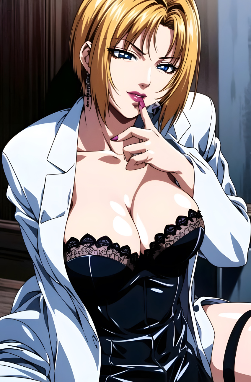 1girls ai_generated bible_black big_breasts blonde_female breasts busty cjin coat corset earrings female female_only jewelry kitami_reika lingerie lipstick looking_at_viewer makeup mature mature_female milf naughty naughty_face naughty_smile no_bra short_hair smile solo stable_diffusion teacher voluptuous voluptuous_female