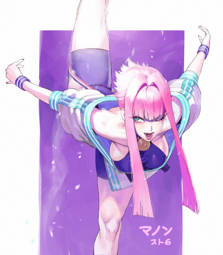 1girls ballerina blue_eyes breasts capcom conto dougi female female_only highres large_breasts leg_up manon_legrand one_eye_closed pink_hair short_hair_with_long_locks sideboob solo standing standing_on_one_leg street_fighter street_fighter_6 wristband