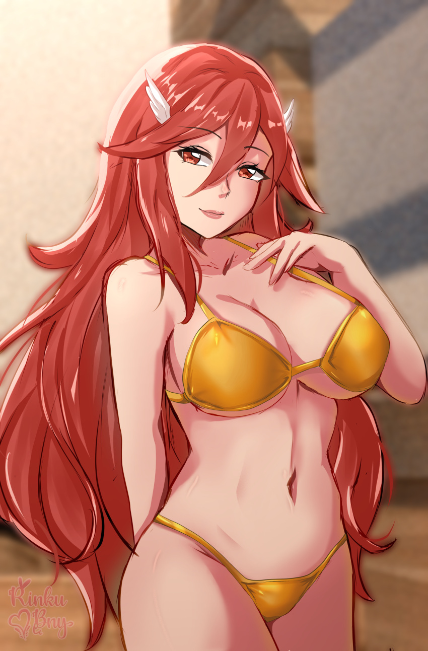 1girls alternate_costume bikini breasts cleavage cordelia_(fire_emblem) female female_only fire_emblem fire_emblem_awakening gold_bikini gold_swimsuit hair_between_eyes large_breasts long_hair nintendo red_eyes red_hair rinku_bny smile solo swimsuit underboob very_long_hair yellow_bikini yellow_swimsuit