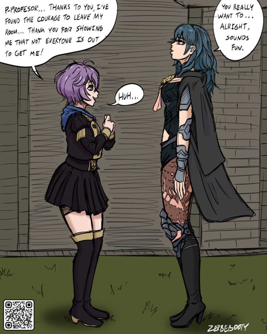 2girls bernadetta_von_varley byleth_(fire_emblem) byleth_(fire_emblem)_(female) english_text female female_only fire_emblem fire_emblem:_three_houses grey_eyes medium_hair nintendo purple_hair risenhentaidemon short_hair speech_bubble teal_hair text zerbebuth