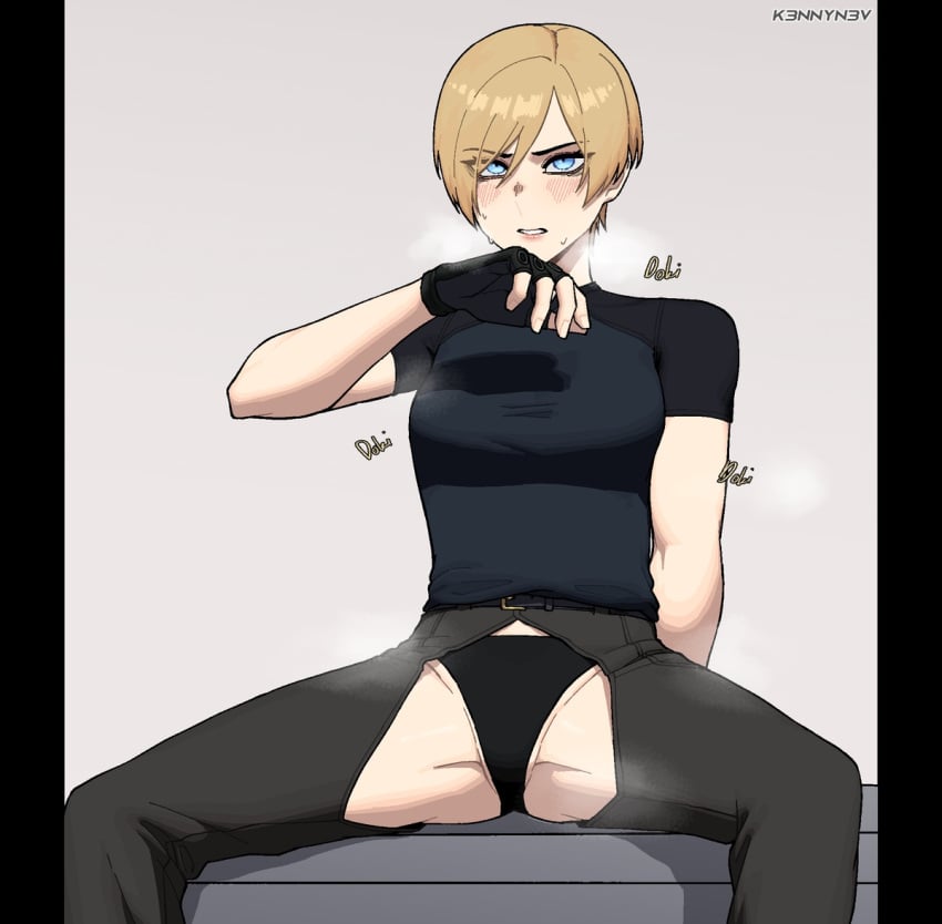 1girls 2d blonde_hair blush breath capcom crotch_cutout crotchless crotchless_bottomwear crotchless_clothing crotchless_pants drugged female female_focus female_only fingerless_gloves fit fit_female genderbend genderswap genderswap_(mtf) gloves heavy_breathing k3nnyn3v leon_scott_kennedy muscles muscular muscular_female panties resident_evil resident_evil_4 resident_evil_4_remake rule_63 short_hair spread_legs steam sweat sweatdrop sweating tomboy unaware very_short_hair
