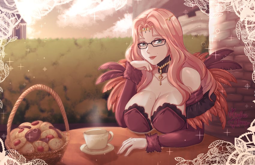 1girls bare_shoulders basket bespectacled black_choker breasts choker circlet cleavage commentary_request cookie cornelia_arnim cup dress feathers female female female_only fire_emblem fire_emblem:_three_houses food glasses highres huge_breasts key long_hair long_sleeves looking_at_viewer nintendo off-shoulder_dress off_shoulder outdoors pink_hair red_dress rinku_bny solo sparkle teacup upper_body