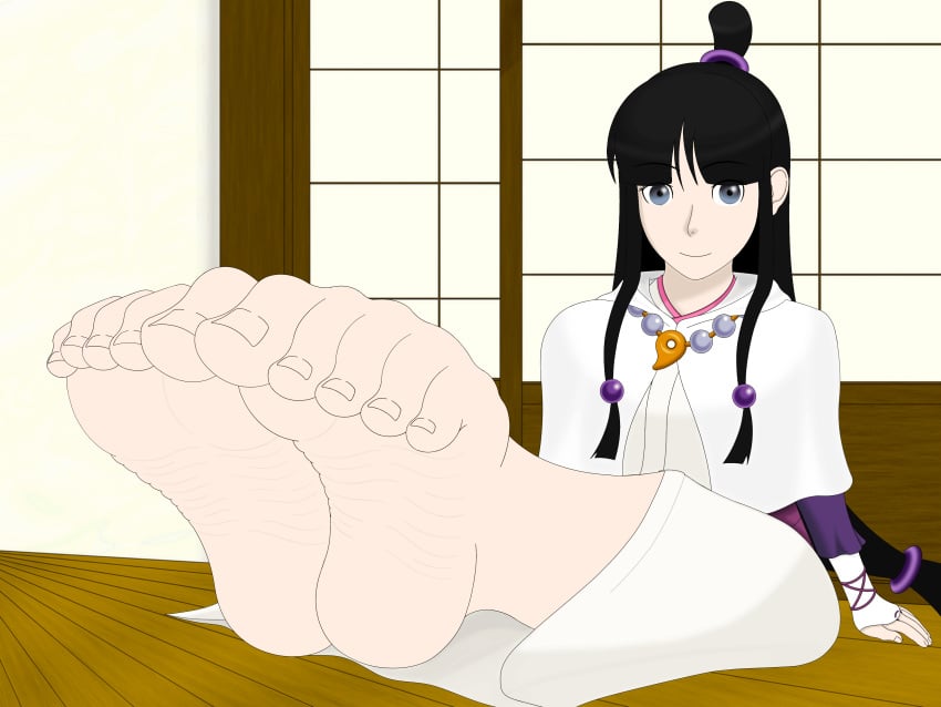 1girls 2021 ace_attorney animated barefoot black_hair capcom clothed feet female female_only foot_fetish foot_focus gray_eyes gyakuten_saiban happy indoors looking_at_viewer maupidez maya_fey scrunched_soles sidelocks soles toes toes_scrunch wrinkles