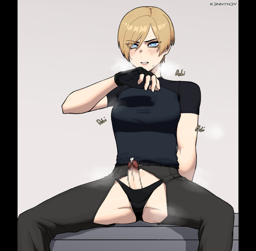 1futa 2d animal_ears balls blonde_hair blush breasts breath capcom censored censored_penis clothed clothing crotch_cutout crotchless crotchless_bottomwear crotchless_clothing crotchless_pants drugged erection fingerless_gloves fit_female futa_only futanari genderbend genderswap genderswap_(mtf) gloves heavy_breathing k3nnyn3v leon_scott_kennedy light-skinned_futanari light_skin mosaic_censoring mostly_clothed muscles muscular muscular_female panties penis penis_out precum resident_evil resident_evil_4 resident_evil_4_remake rule_63 shemale short_hair solo spread_legs steam sweat sweatdrop sweating tomboy unaware very_short_hair