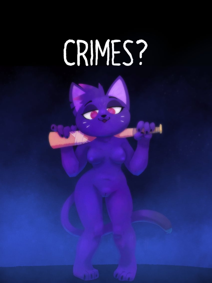 1girls absurd_res anthro baseball_bat bat_(object) breasts domestic_cat english_text felid feline felis female female_only genitals hi_res mae_borowski mammal night_in_the_woods pussy pusszone question_mark solo text