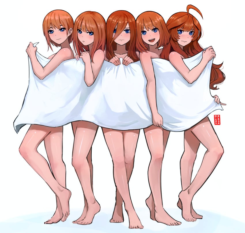 5girls alohamikan artist_signature blue_eyes brown_hair convenient_censoring female female_only go-toubun_no_hanayome implied_nudity nakano_ichika nakano_itsuki nakano_miku nakano_nino nakano_yotsuba quintuplets towel