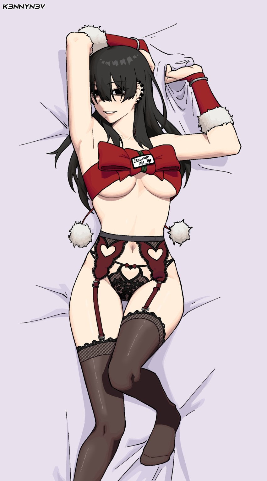 1girls 2d armpits arms_behind_back arms_up beauty_mark bed bedroom black_hair black_socks body_pillow_design chainsaw_man christmas ear_piercing empty_eyes english english_text female female_focus female_only garter_belt garter_straps genderswap_(mtf) hirofumi_yoshida k3nnyn3v long_hair looking_at_viewer mole mole_under_mouth piercing presenting presenting_armpit rule_63 seductive seductive_look seductive_smile simple_background smile smiling smiling_at_viewer socks stockings thigh_gap thigh_socks thighhighs