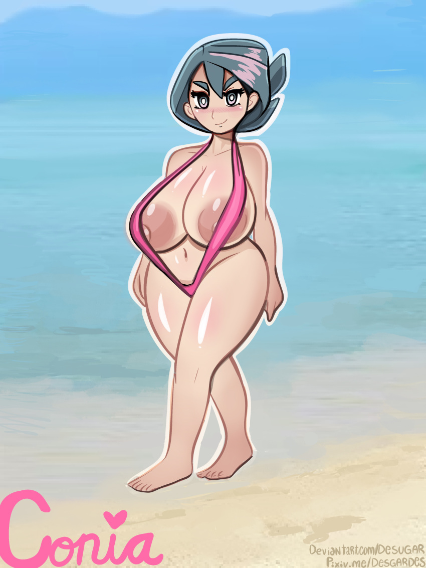 1girls beach big_breasts big_nipples breasts conia_(pokemon) dark_nipples explorers_(pokemon) female female_focus female_only gray_eyes gray_hair huge_breasts huge_nipples light-skinned_female light_skin milf onia_(pokemon) pokemon pokemon_(anime) pokemon_horizons short_hair solo solo_female solo_focus swimsuit thick_thighs