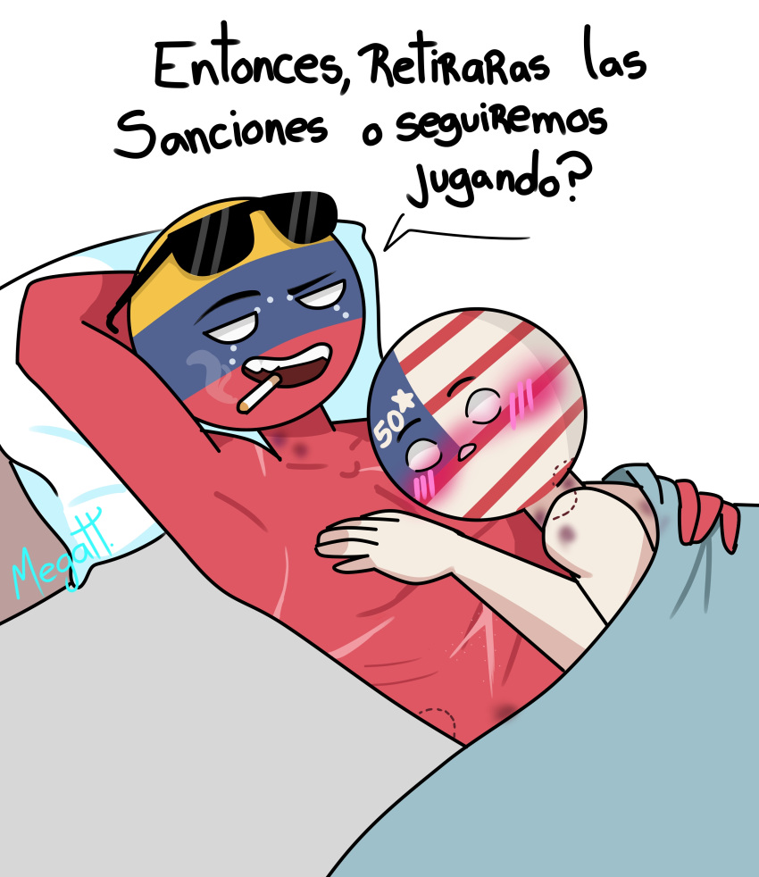 2boys blush countryhumans mmaikory simple_background spanish_text text united_states_of_america_(countryhumans) venezuela_(countryhumans) white_background yaoi