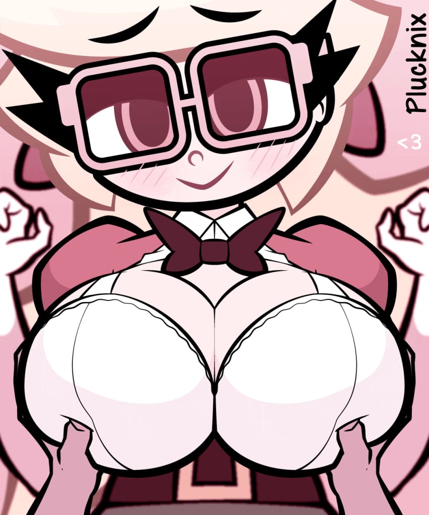 1girls 2023 animated arms_up blonde_hair blush bouncing_breasts bow breast_grab breast_massage breasts cartoony cleavage close-up clothing cute glasses hairbow holly_(plucknix) large_breasts looking_at_viewer original original_character plucknix red_eyes smile tagme toony watermark