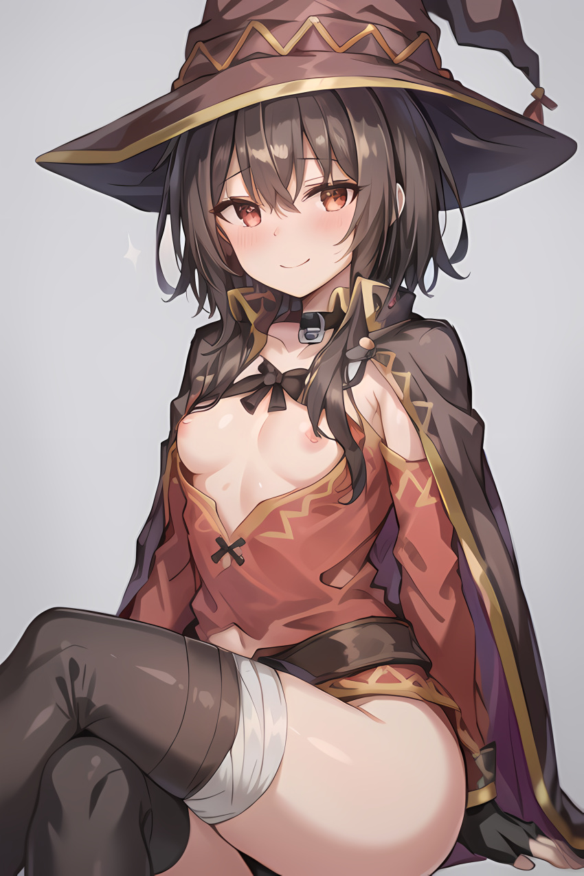 ai_generated bandaged_leg bandages blush breasts cape crossed_legs edosynf female fingerless_gloves gloves hat highres kono_subarashii_sekai_ni_shukufuku_wo! looking_at_viewer megumin nipples small_breasts solo thighhighs witch_hat