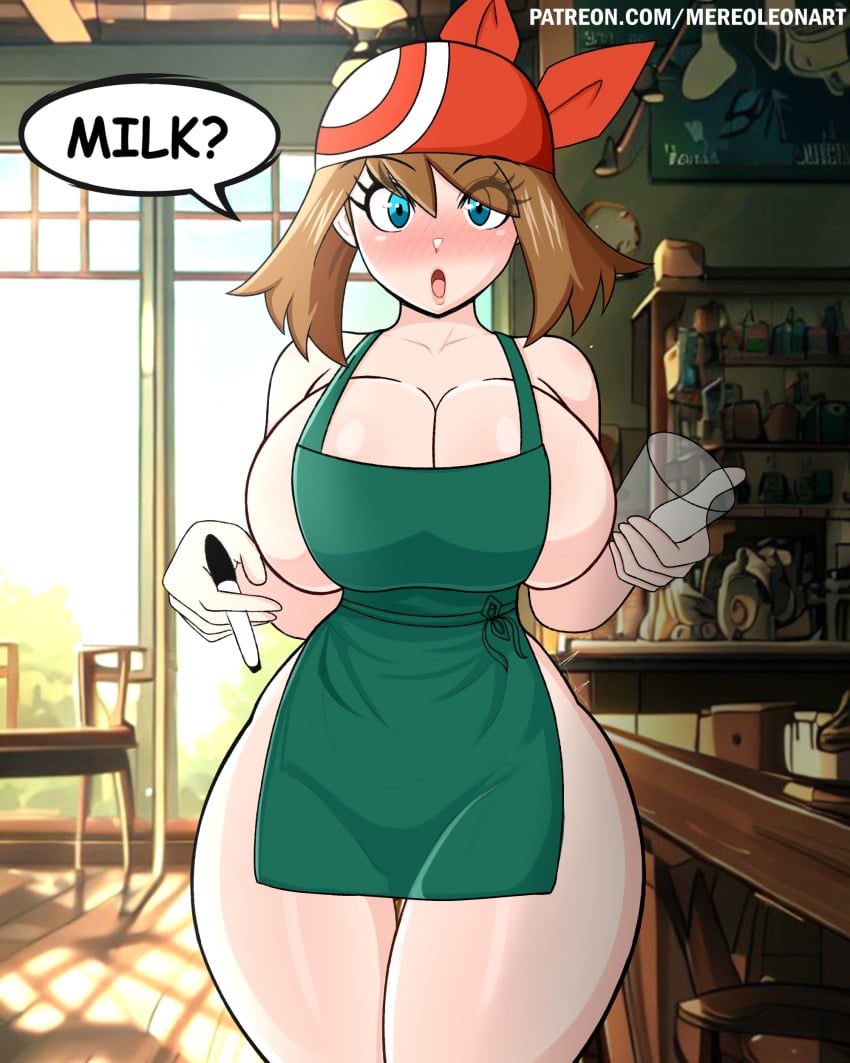 1girls ai_generated apron bandana barista blue_eyes breasts brown_hair employee employee_uniform female female_only game_freak hi_res hips huge_breasts iced_latte_with_breast_milk light-skinned_female light_skin long_hair may_(pokemon) mereoleonart naked_apron nintendo pokemon pokemon_rse solo solo_female starbucks thick_thighs thighs wide_hips