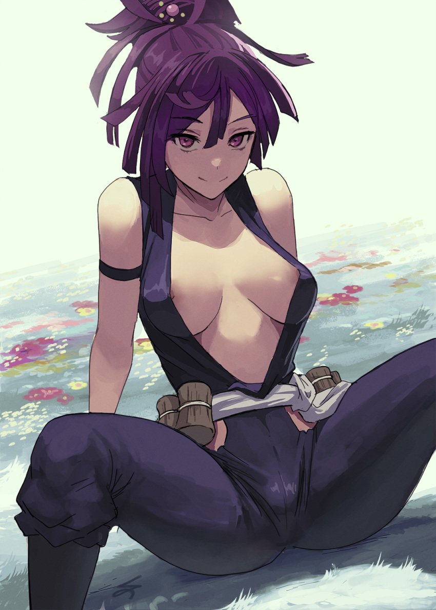 1girls big_breasts cutesexyrobutts_(style) jigokuraku looking_at_viewer nipples partially_clothed presenting purple_eyes purple_hair sitting smile solo yuzuriha_(jigokuraku) zefra_bleu