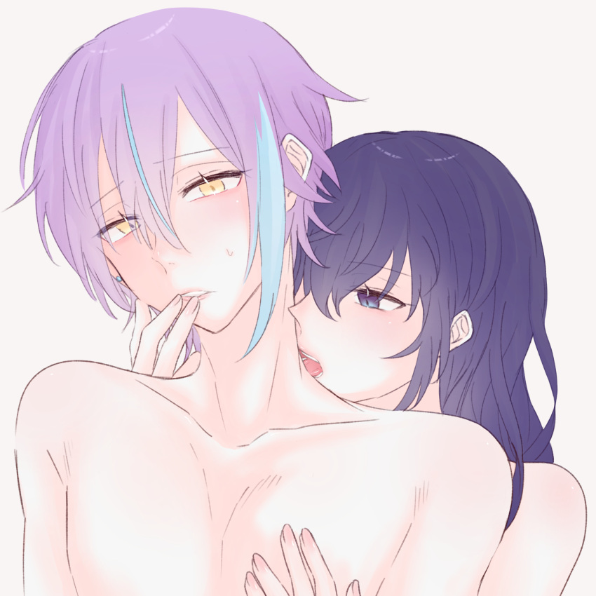 asahina_mafuyu earring female femdom finger_to_mouth hand_on_another's_chest kamishiro_rui licking_neck male project_sekai purple_eyes purple_hair straight straight tagme two-tone_hair yellow_eyes