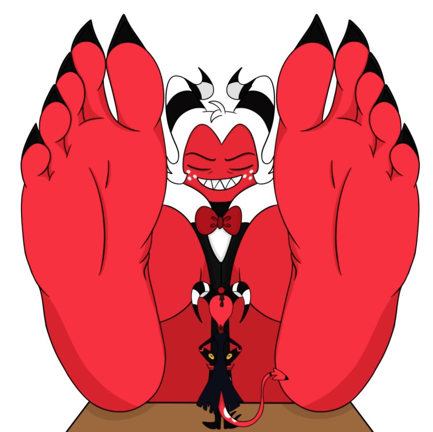 big_feet blitzo_(helluva_boss) demon demon_horns excited feet feet_fetish foot_fetish helluva_boss looking_up macro male_foot_fetish male_only micro miniboy moxxie_(helluva_boss) red_skin size_difference smiling workship