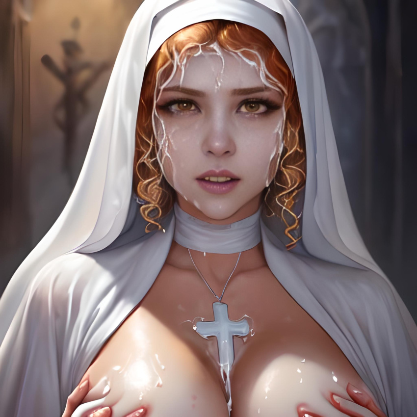 1girls ai_generated ai_upscaled breasts cum cum_in_hair cum_on_face hand_on_breast orange_hair religion simplexan solo