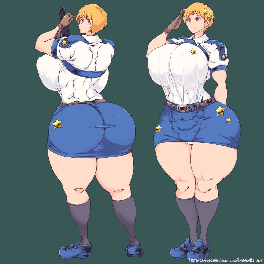 abs ass belt big_breasts big_butt blonde_hair breasts clothed cop female gun hataraki_ari muscular nipple_bulge panties police police_officer police_uniform policewoman red_eyes salute skirt socks stars tight_clothing