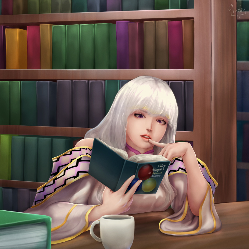 1girls book bookshelf circlet coffee_cup commission cup disposable_cup female female_only finger_to_mouth fire_emblem fire_emblem:_genealogy_of_the_holy_war highres holding holding_book indoors julia_(crusader_of_light)_(fire_emblem) julia_(fire_emblem) library lopto nintendo open_mouth purple_eyes reading signature sitting solo table white_hair