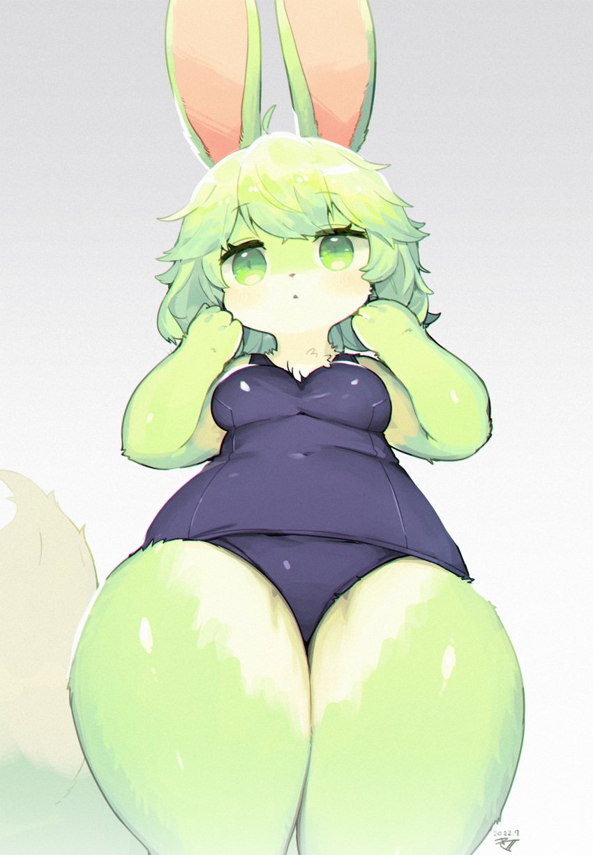 absurd_res anthro breasts clothed clothing female fur green_body green_fur green_hair hair hi_res kishibe lagomorph leporid mammal one-piece_swimsuit rabbit school_swimsuit solo swimwear thick_thighs