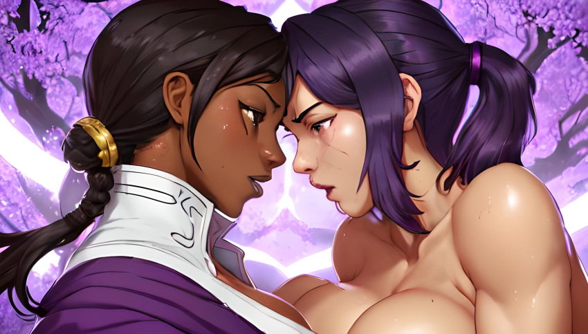 2girls ai_generated ai_upscaled black_hair breast_press breasts catfight clothing dark-skinned_female dark_skin imminent_sex interracial purple_background purple_hair sexfight simplexan yuri