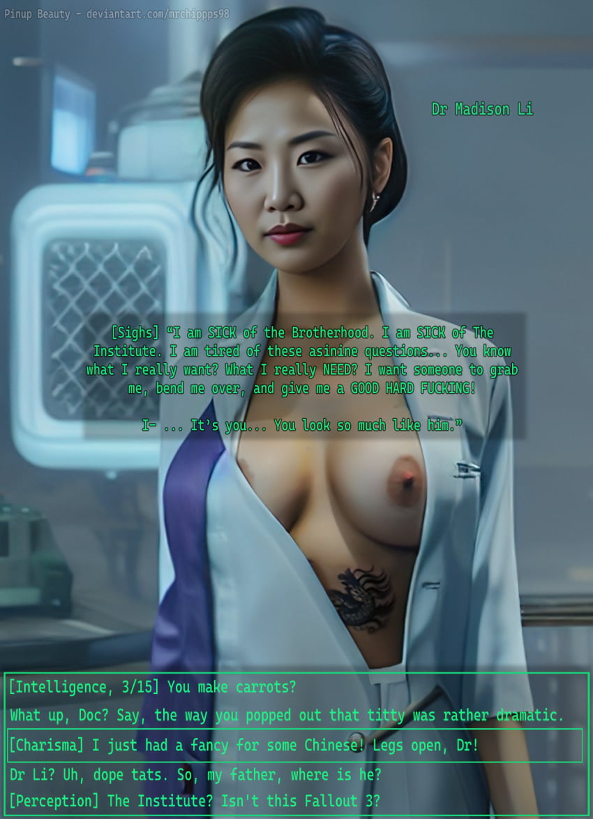 1girls ai_generated asian asian_female breasts dialogue_box doctor doctor_madison_li dragon dragon_tattoo exposed_breasts fallout fallout_3 fallout_4 gameplay_mechanics labcoat looking_at_viewer mrchippps98 nude one_breast_out solo_female tagme tattoo