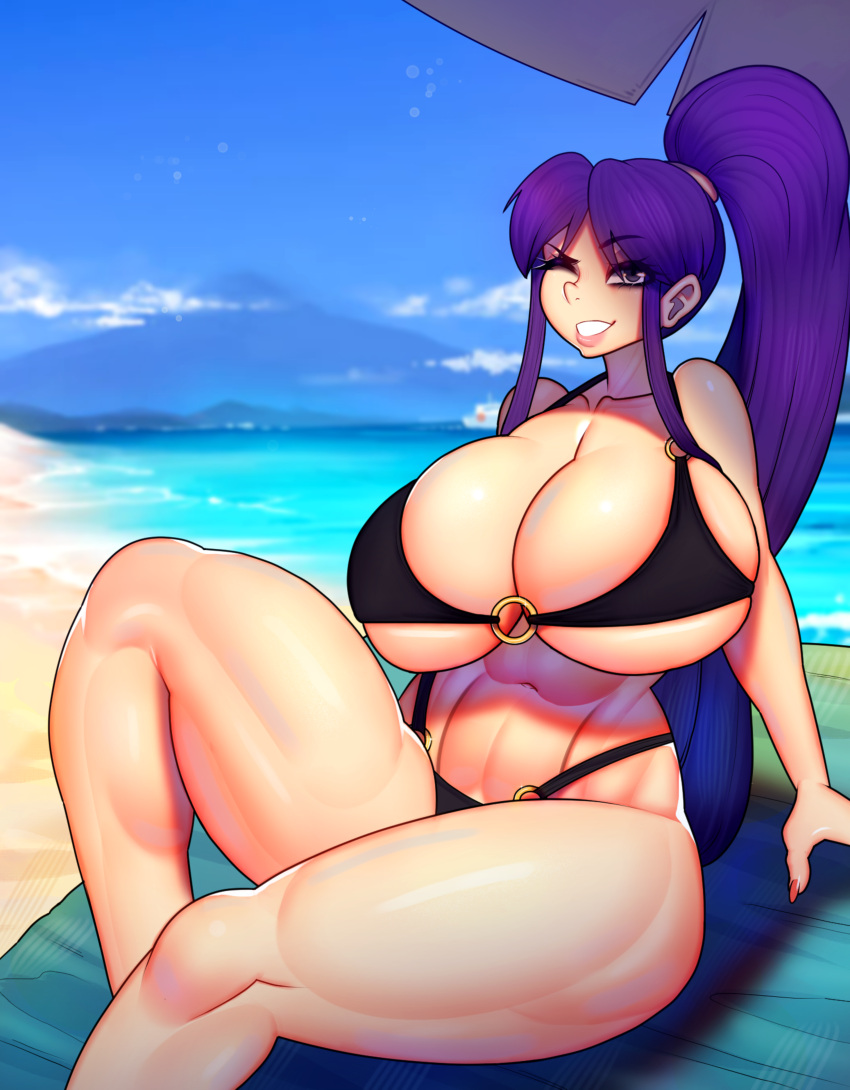 1girls abs beach big_breasts big_butt bikini dogiflan eiken grey_eyes hentai kirika_misono long_hair long_legs micro_bikini purple_hair