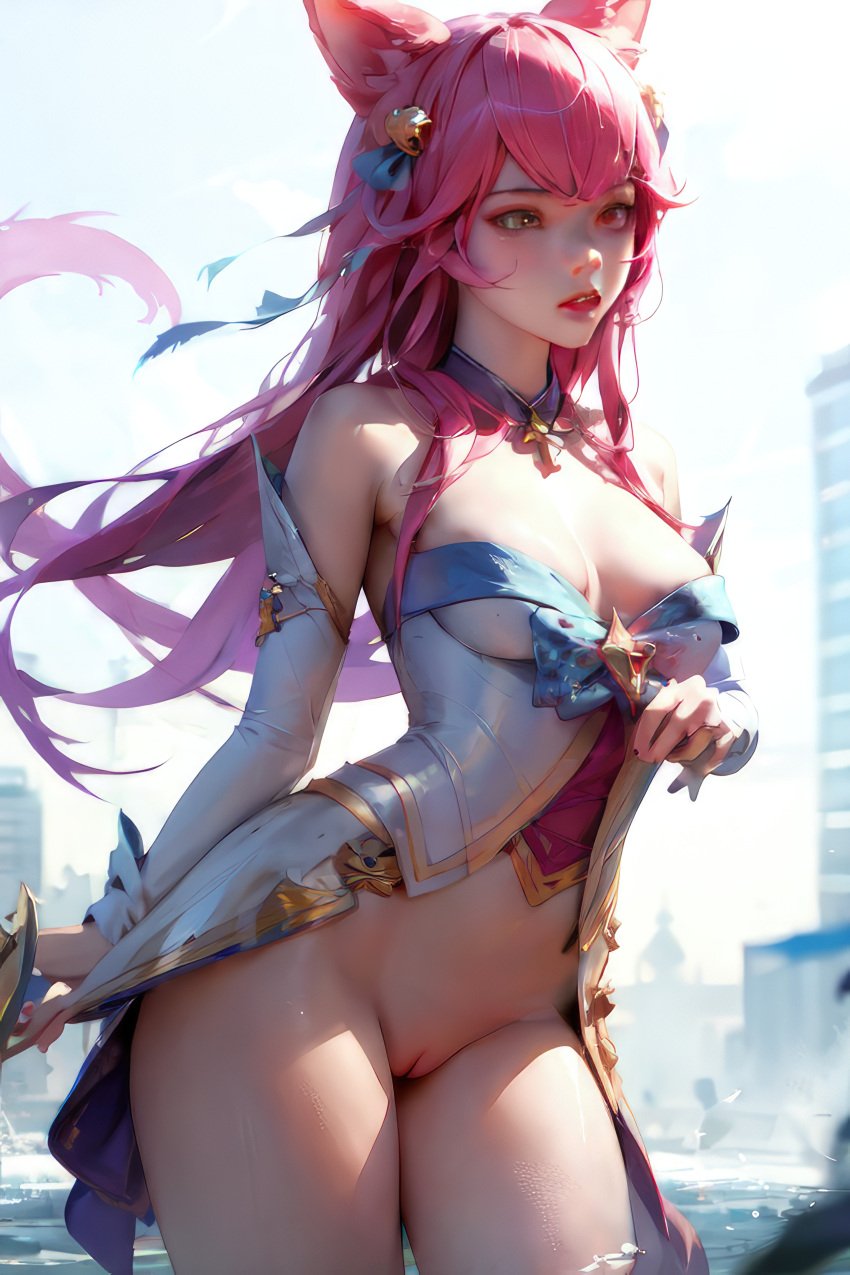 9_tails ahri ai_eyes ai_generated alternative_costume bottomless female female_focus female_only fox_girl girl league_of_legends nine_tailed_fox partially_clothed pink_hair riot_games standing star_guardian_ahri star_guardian_series vastaya