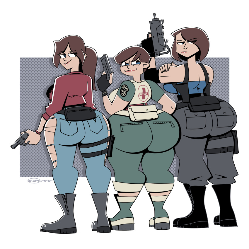 3girls ass big_ass body_armor brown_hair bubble_butt claire_redfield clothing fat_ass female female_only firearm footwear gun handgun huge_ass human ineptoutcast jill_valentine large_ass pale_skin rebecca_chambers resident_evil revolver weapon wide_hips