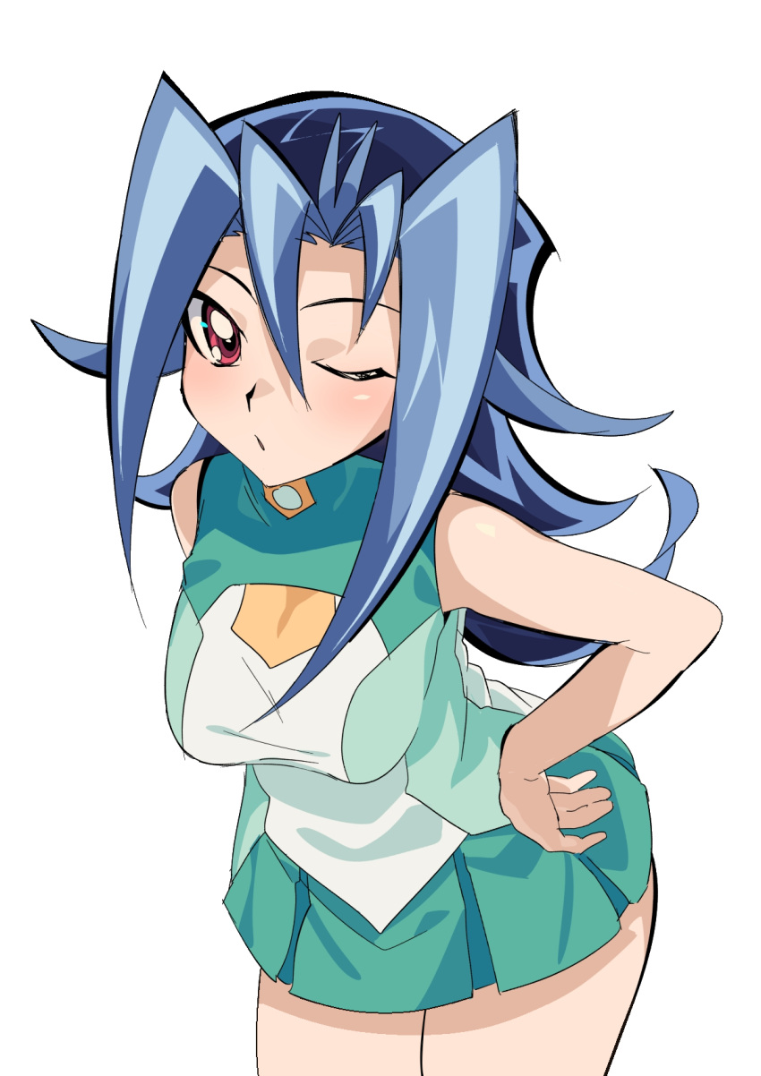 1girls blue_hair blush dntks edit female female_only huge_breasts kamishiro_rio looking_at_viewer one_eye_closed red_eyes rio_kamishiro school_uniform solo white_background yu-gi-oh! yu-gi-oh!_zexal