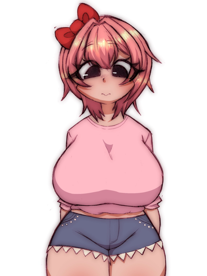 1girls 5hitzzzu alternate_breast_size big_breasts blue_shorts boombita bow breasts curvy doki_doki_literature_club female female_only funcu funculicious huge_breasts human human_only jean_shorts just_sayori looking_down meatcuteshii pink_hair pink_shirt pinkbobatoo plump red_bow sayori_(doki_doki_literature_club) shirt short_hair shorts skiddioop solo stereodaddy thick thick_thighs thighs top_heavy voluptuous white_background wide_hips