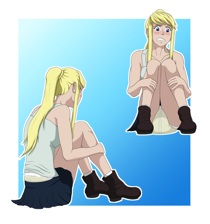 1girls diaper diaper_under_clothing diaper_under_skirt embarrassed female fullmetal_alchemist morpheus_(artist) skirt wet_diaper winry_rockbell