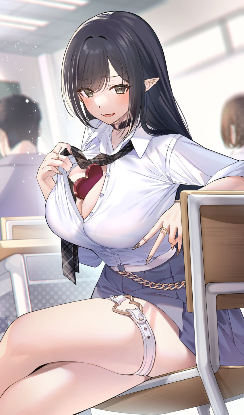 1boy 2023 2girls absurd_res belt between_breasts black_eyes black_hair blush breasts chair chocolate chocolate_heart choker classroom cleavage clothed clothing crossed_legs desk ear_piercing elf eyebrows_visible_through_hair female female_focus food food_between_breasts grey_nails gyaru heart heart_choker highres indoors jewelry large_breasts light-skinned_female light_skin long_ears long_hair looking_at_viewer male miniskirt mole mole_under_eye nail_polish necktie object_between_breasts on_chair open_mouth original partially_unbuttoned piercing pleated_skirt pointy_ears ring school school_uniform shirt sino42 sitting sitting_sideways skirt smile solo_focus thick_thighs thigh_strap thighs tongue undone_necktie