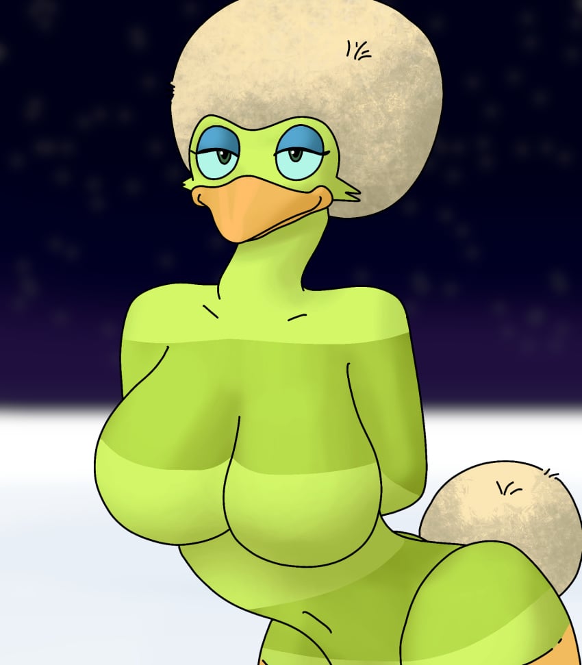 anthro arms_behind_back avian avian_humanoid beak bedroom_eyes bird blue_eyes breasts dandelion dandidoo fluffy fluffy_tail hanging_breasts large_breasts leaning_forward m10dor34 massive_breasts my_singing_monsters night no_nipples snow striped striped_body stripes yellow_body yellow_skin