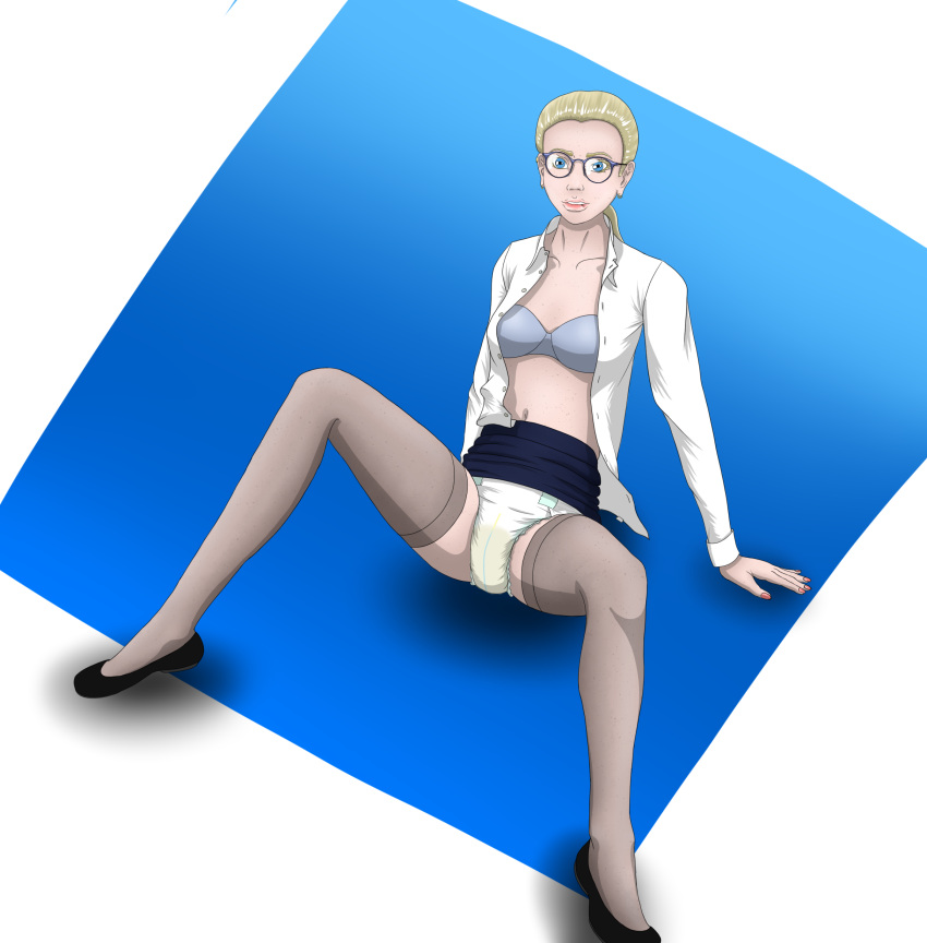 1girls bra button_down_shirt diaper female female_only flats glasses morpheus_(artist) office_lady open_shirt pencil_skirt skirt skirt_lift solo stockings wet_diaper