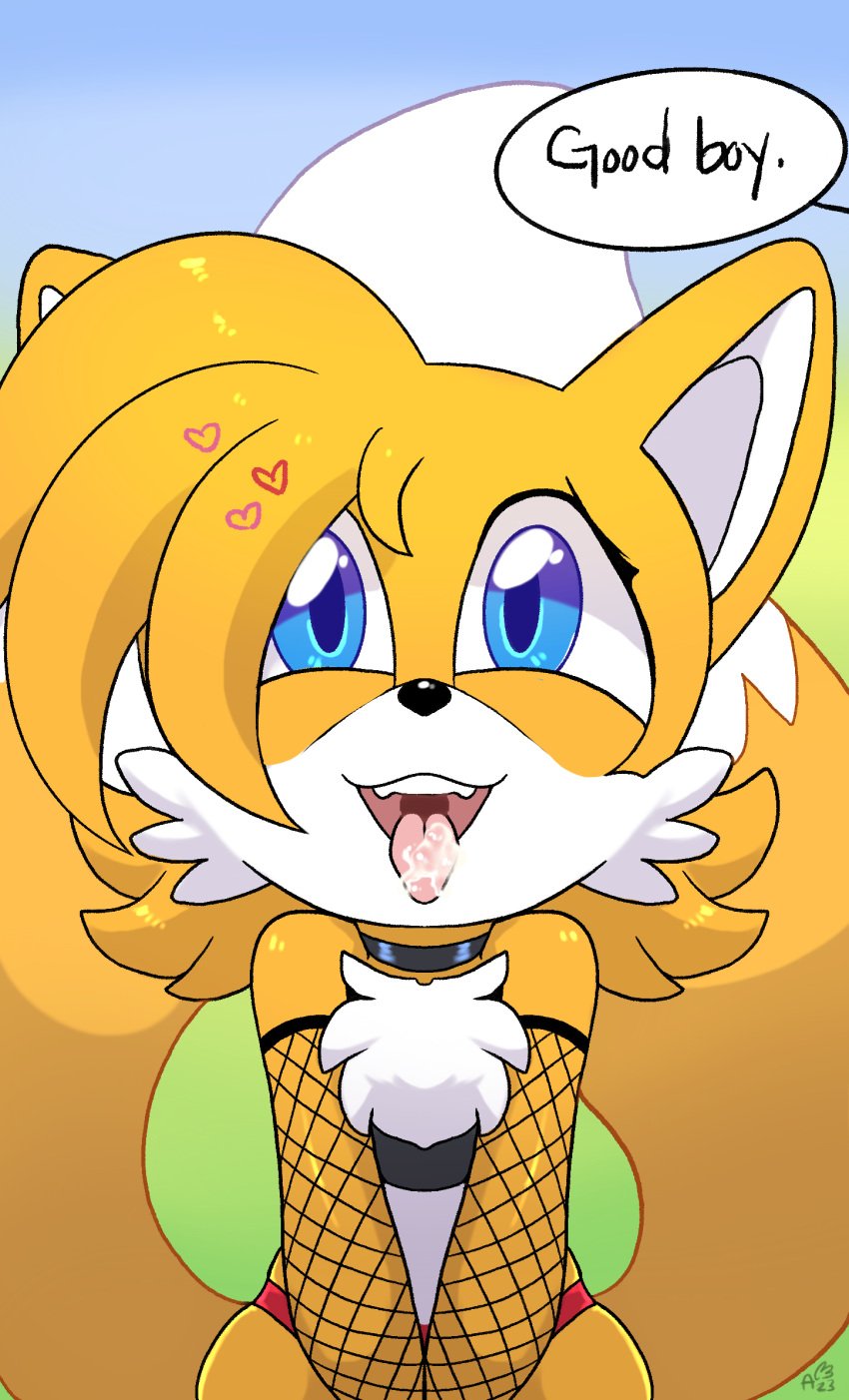 1boy 2_tails anthro armwear bodily_fluids canid canine choker clothing cum cum_on_tongue dialogue english_text femboy fishnet fishnet_armwear fox gay genital_fluids heart hi_res jewelry kneeling male male/male male_only mammal multi_tail necklace nekoniku offscreen_character open_mouth sega solo sonic_(series) sonic_the_hedgehog_(series) tail tails text tongue tongue_out