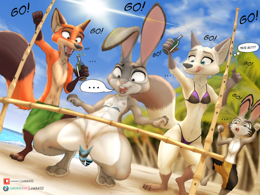 accidental_exposure anthro bikini canid canine canis clothed clothing disney embarrassed embarrassed_nude_female fox genitals group hi_res judy_hopps lagomorph leporid link6432 male mammal nick_wilde nipples nude pussy rabbit swimwear text thick_thighs wardrobe_malfunction zootopia