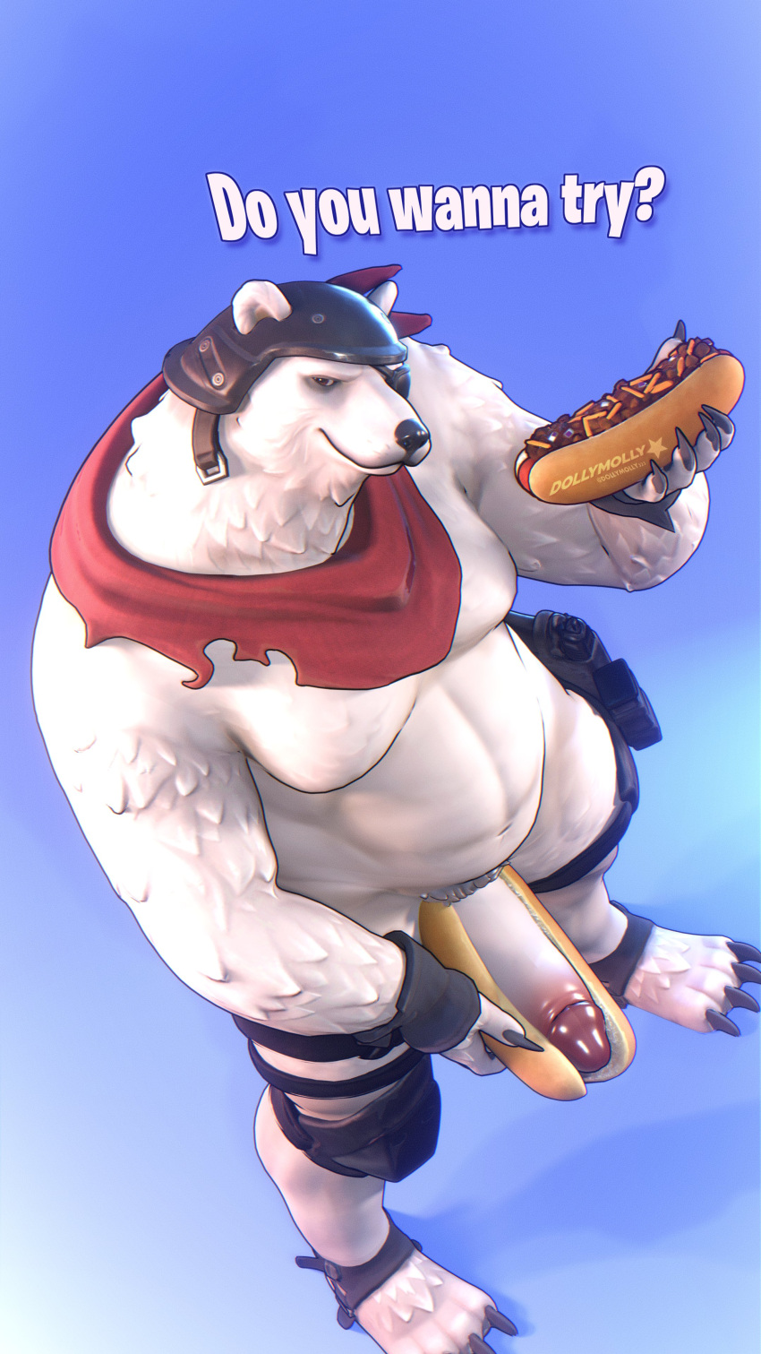 2023 3d 3d_(artwork) 4k 9:16 absurd_res anthro armor bandana bear digital_media_(artwork) dollymolly323 double_entendre english_text epic_games erection eye_patch eyewear food food_fetish food_play fortnite full-length_portrait fur gay genitals headgear hi_res high-angle_view holding_food holding_object hot_dog kerchief looking_at_viewer looking_up_at_viewer male mammal musclegut penis polar_bear polar_patroller portrait pose presenting presenting_penis solo suggestive suggestive_food text ursine watermark white_body white_fur