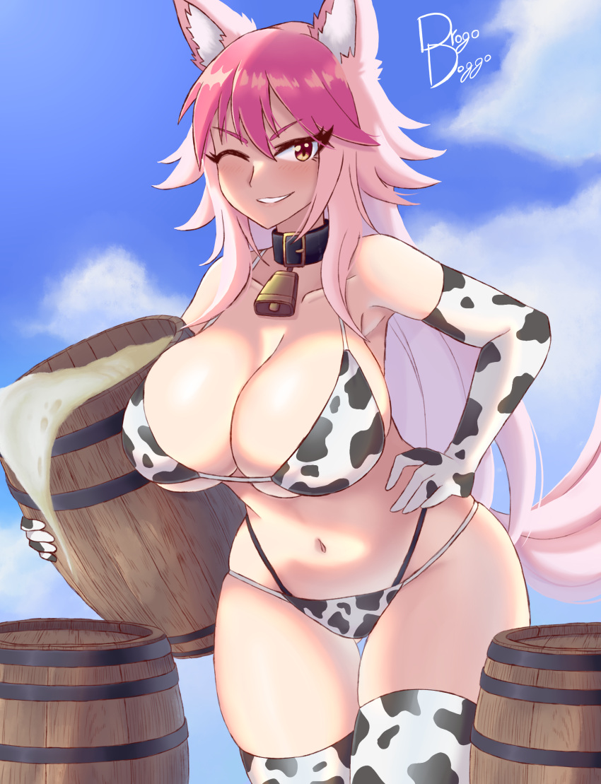 1girls absurd_res animal_ear_fluff animal_ears cow_bikini drogodoggo gloves hi_res long_hair milk murenase!_seton_gakuen okami_ferryl one_eye_closed pink_hair smile solo tail tall_female thighhighs wink wolf_ears wolf_girl wolf_tail