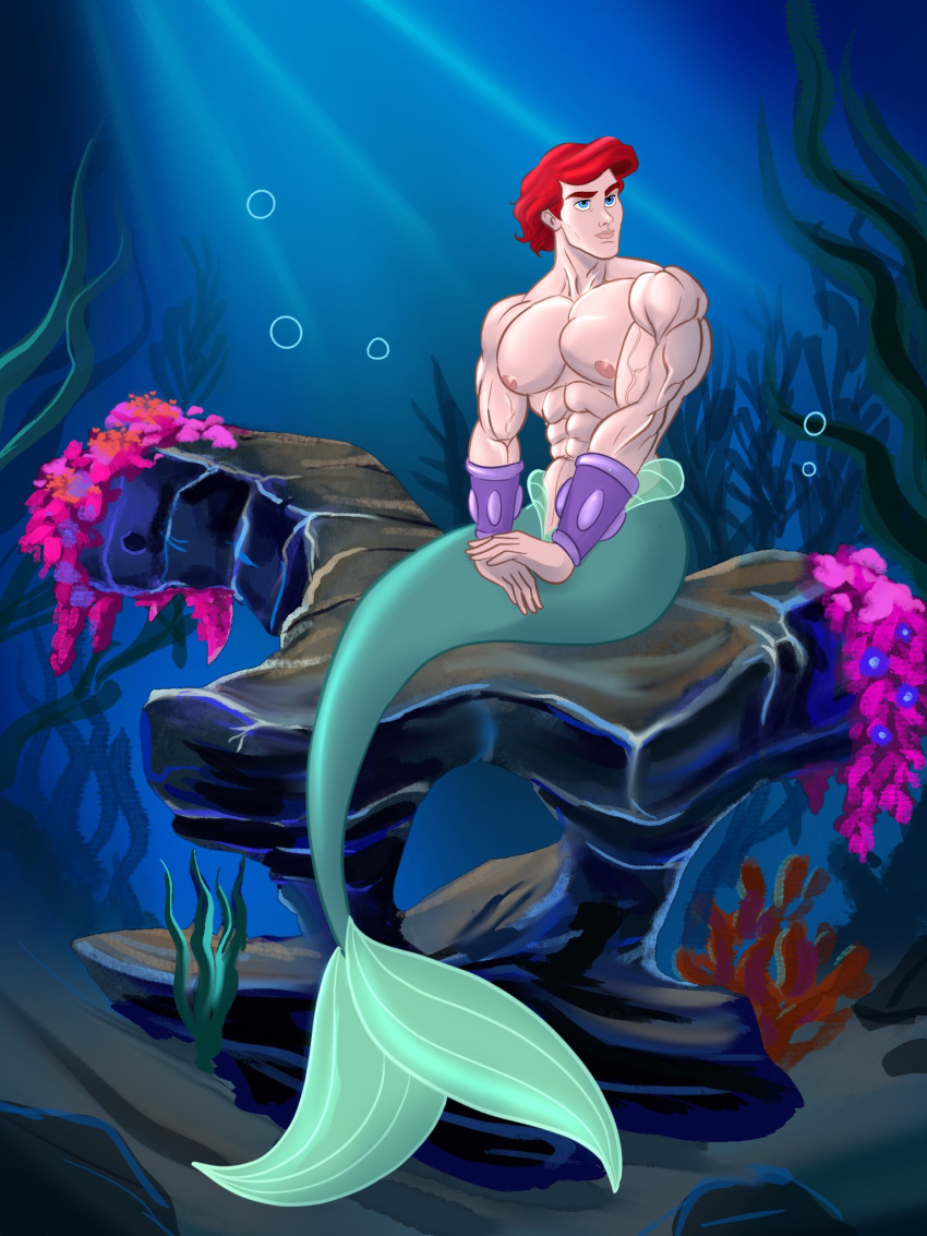 1boy abs ariel bara biceps big_chest big_pecs blueboybara bulging_biceps caucasian caucasian_male disney disney_prince fish_tail genderbend genderswap genderswap_(ftm) huge_chest huge_pecs looking_away male male_only mermay muscles muscular muscular_male outdoors outside pecs red_hair rule_63 smooth_chest smooth_skin solo solo_male the_little_mermaid underwater