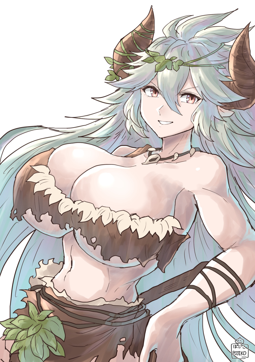 1girls bare_shoulders breasts brown_eyes bursting_breasts busty chikoinochi cleavage draph draph_race_(granblue_fantasy) female granblue_fantasy horn huge_breasts loincloth necklace official_alternate_costume silver_hair solo threo_(granblue_fantasy) tribal voluptuous