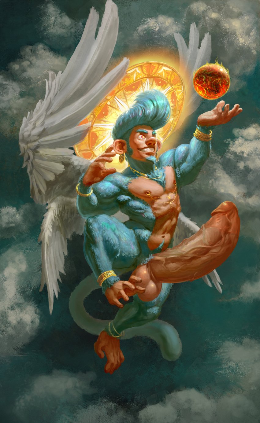 4_wings absurd_res anthro balls beard belly big_penis big_wings blue_beard blue_body blue_fur blue_hair blue_tail boner bracelet cloud deity detailed detailed_background erection facial_hair feathered_wings feathers fur furry genitals gold_(metal) gold_bracelet gold_chain gold_earring gold_earrings gold_jewelry gold_necklace grin hair haplorhine hi_res huge_cock humanoid_face humanoid_genitalia humanoid_hands humanoid_penis hyper hyper_genitalia hyper_penis jewelry looking_at_object male male_only mammal monkey monkey_boy monkey_feet multi_wing muscular muscular_male necklace nipple_piercing nipple_ring nipples nude penis piercing prehensile_feet prehensile_penis primate red_eyes ring_(jewelry) ring_piercing shaded sky smile solo tail tan_balls tan_belly tan_face tan_hands tan_penis teeth vein veiny_penis wings zenpei zenpei_(character)