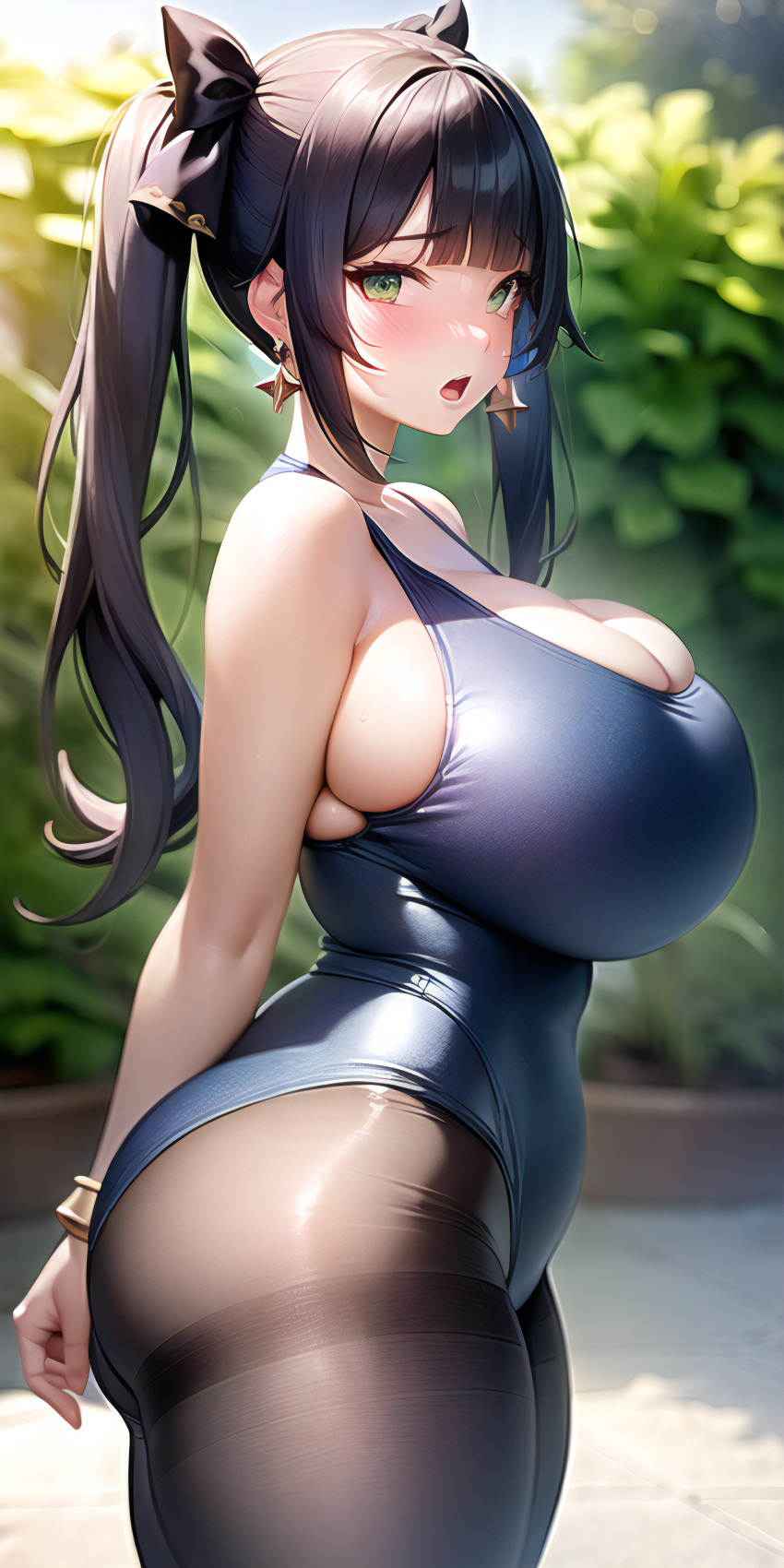 ai_generated ass blush breasts bursting_breasts earrings genshin_impact hi_res huge_breasts mona_(genshin_impact) pantyhose pantyhose_under_swimsuit plump skin_tight stable_diffusion swimsuit thick_thighs thighband_pantyhose twintails