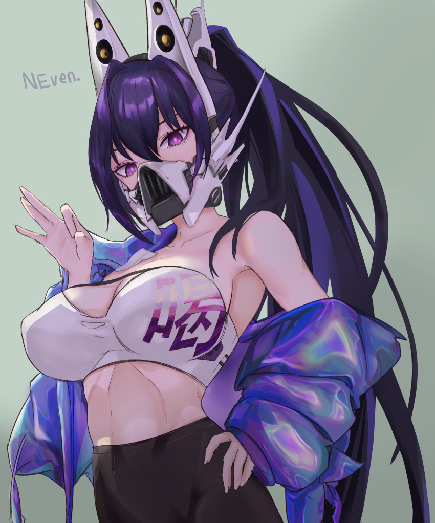 1girls absurd_res armpits bare_shoulders big_breasts black_hair black_legwear black_yoga_pants breasts cleavage exposed_shoulder female female_only goddess_of_victory:_nikke hair_ornament jacket long_hair mask masked_female neven okay_sign ponytail purple_eyes sin_(nikke) solo streetwear tubetop white_tubetop yoga_pants