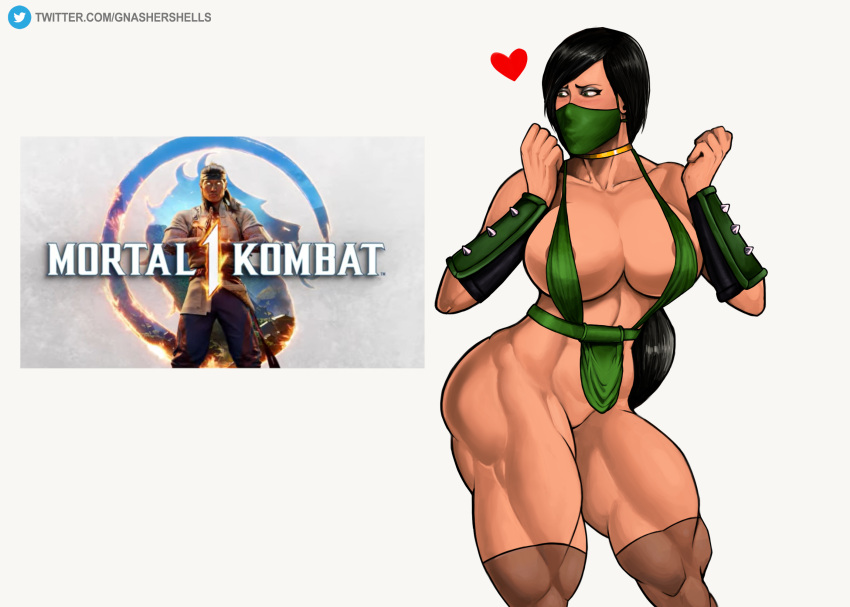 1girls areola areola_slip big_breasts bimbo black_hair blush breasts busty excited facemask female gnashershells green_eyes jade_(mortal_kombat) mortal_kombat muscles muscular muscular_female netherrealm_studios ninja perky_breasts small_clothes thick_thighs thighs