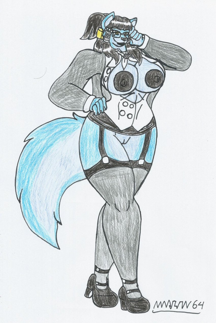 anthro big_breasts big_hips black_hair black_nipples blue_fur furry glasses hi_res high_heels marlon64 milf open_shirt raven_hunt showing_breasts showing_pussy skirt_lift skirt_lifted_by_self skirt_up stockings teacher wolf_humanoid