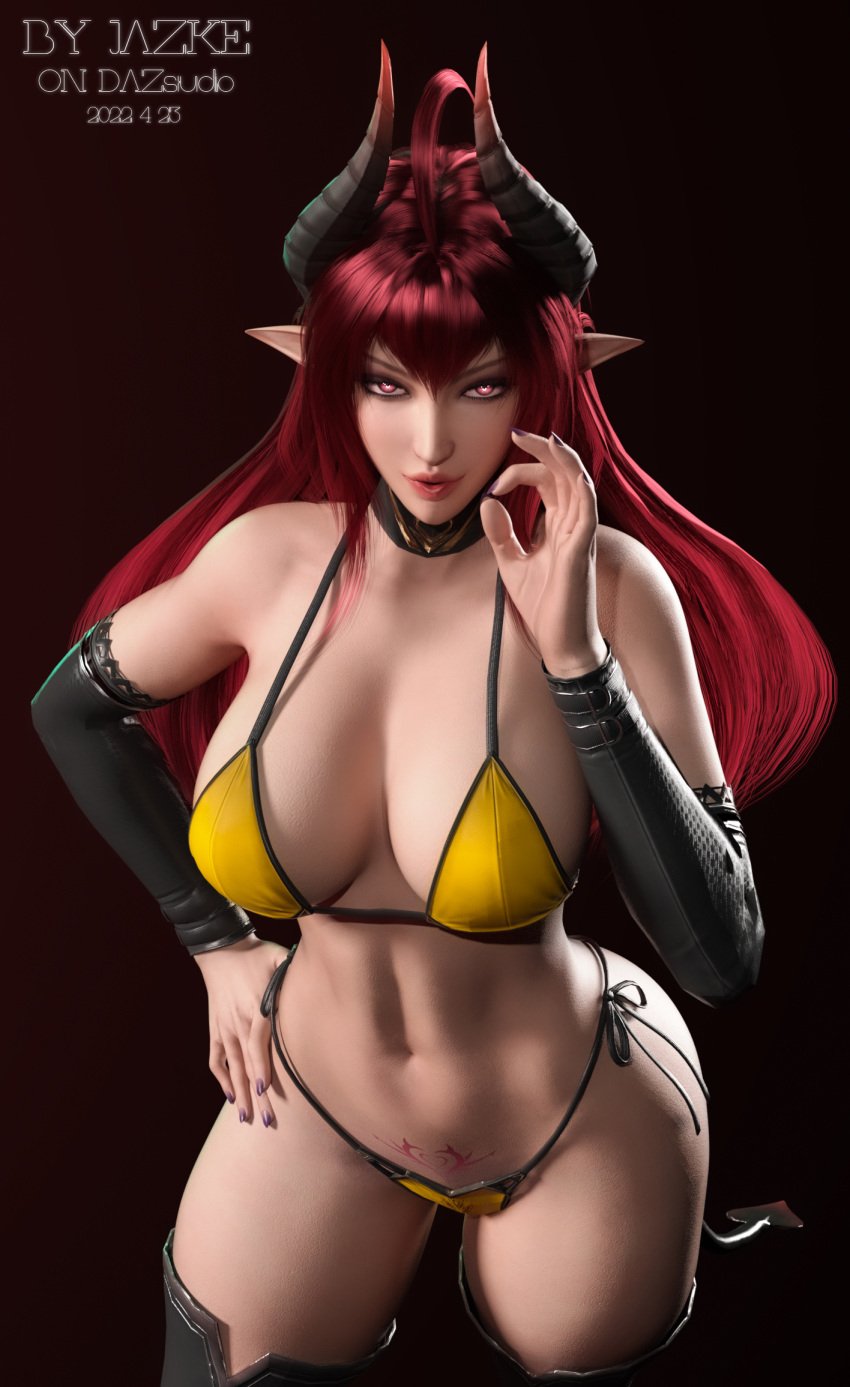 3d armwear bewitching_thighs bikini black_armwear black_latex_armwear black_latex_legwear black_legwear demon demon_girl demon_horns devil devil_girl devil_horns female glowing_eyes heart_tail horns jazke large_breasts latex_armwear latex_legwear legwear light-skinned_female light_skin original_character pink_eyes pointy_ears pointy_tail pubic_tattoo red_hair sinia succubus succubus_horns succubus_tattoo tail tattoo unusual_pupils yellow_bikini