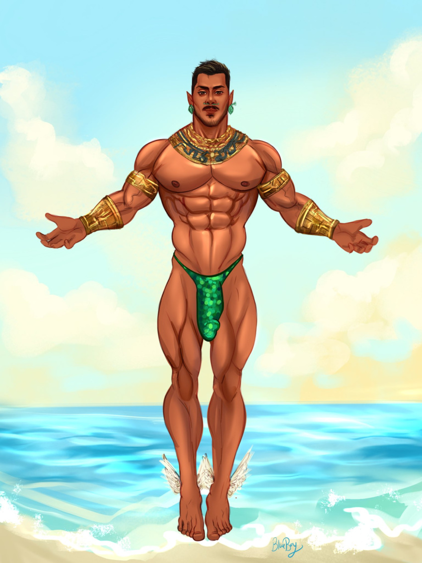 abs actor beach biceps big_bulge big_chest big_pecs blueboybara bulge bulging_biceps celebrity dark-skinned_male dark_skin hispanic hispanic_male huge_bulge huge_chest huge_pecs in_character latino looking_at_viewer male male_only marvel marvel_cinematic_universe melanin muscles muscular muscular_male namor native_american_male ocean outdoors outside pecs penis_outline piercings smooth_chest smooth_skin tenoch_huerta thick_thighs