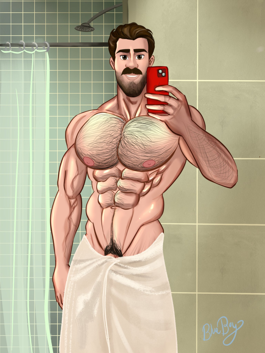 1boy abs bara bathroom biceps big_chest big_pecs bill_andersen blueboybara bulging_biceps caucasian caucasian_male cellphone daddy dilf disney hairy_chest huge_chest huge_pecs inside_out looking_at_viewer male male_only muscles muscular muscular_male pecs penis_peek pixar selfie shirtless_male smooth_skin solo solo_male towel